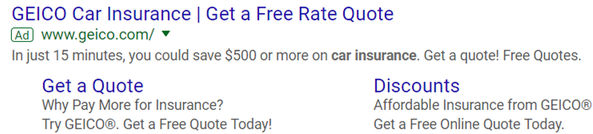 Example of a paid text ad from Geico Insurance for a Free Rate Quote.  The ad includes a headline and description for Geico indicating that it only takes 15 mins to get the quote and indicating that a quote is free.