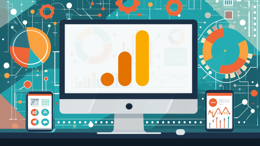 ga4 vs universal analytics illustration graphic of a computer, charts, and graphs